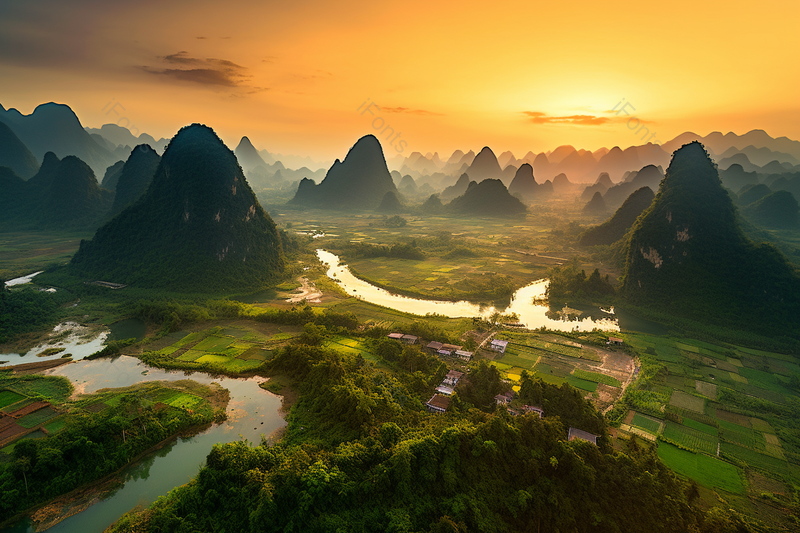 著名景区桂林阳朔翠屏晚霞山脉村落自然风景,高清,摄影图,摄影图片,图片大全,摄影图免费下载